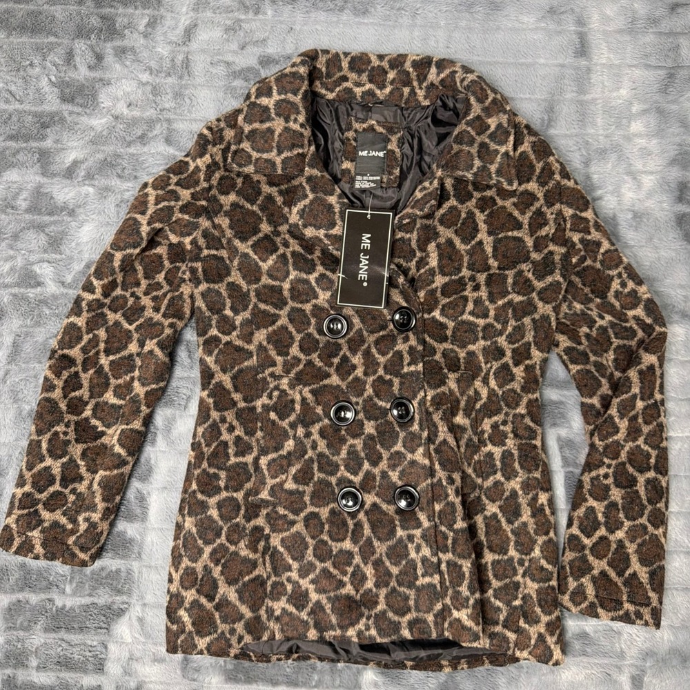 Me Jane Women Leopard Print Peacoat Brown Animal Print Double Breasted Jacket S